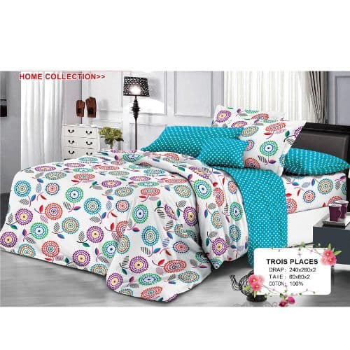 Ensemble de Drap +Taie, Trois Places avec Motif Floraux Modernes et Tons Vifs