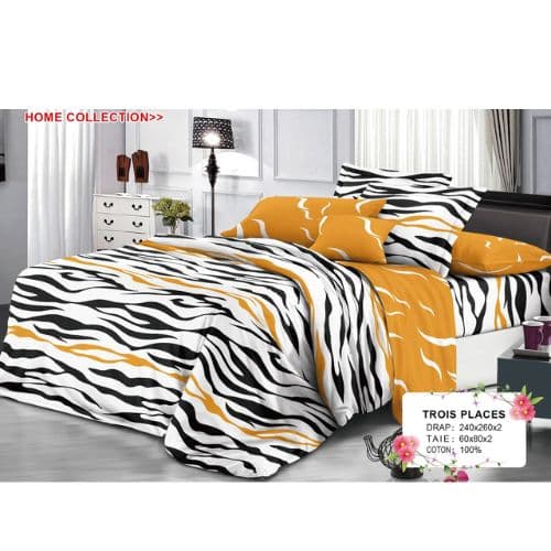 Ensemble de Drap +Taie, Trois Places avec Motif en Zébré Noir/Orange