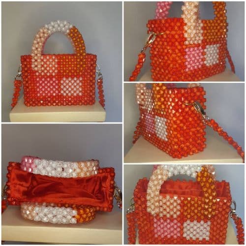 Sac à Main Treilli Rouge-Orangé Ornement Orangé, Saumon et Blanc