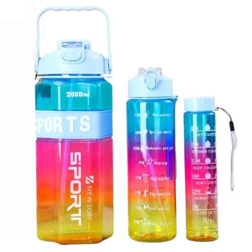 Kit 3 Gourdes de Sport Dégradé Bleu-Rose-Jaune 300ml, 800ml, 2000L